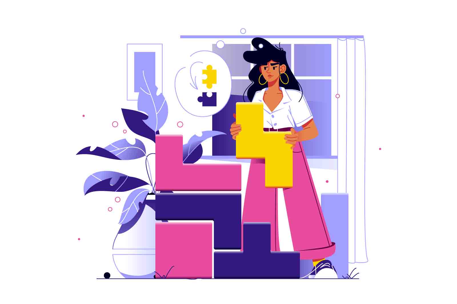 Woman playing logic game vector illustration. Puzzle folding tetris, constructor assembly. Idea solving, creative and educational games flat concept