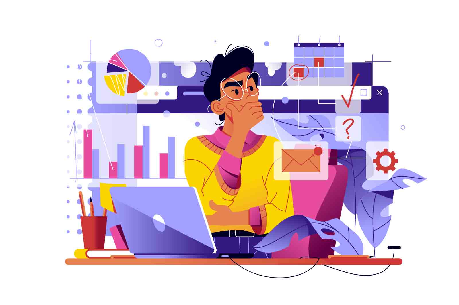 Overworked man lost in thoughts vector illustration. Burnout, learning problems and self-doubt or fatigue flat style concept