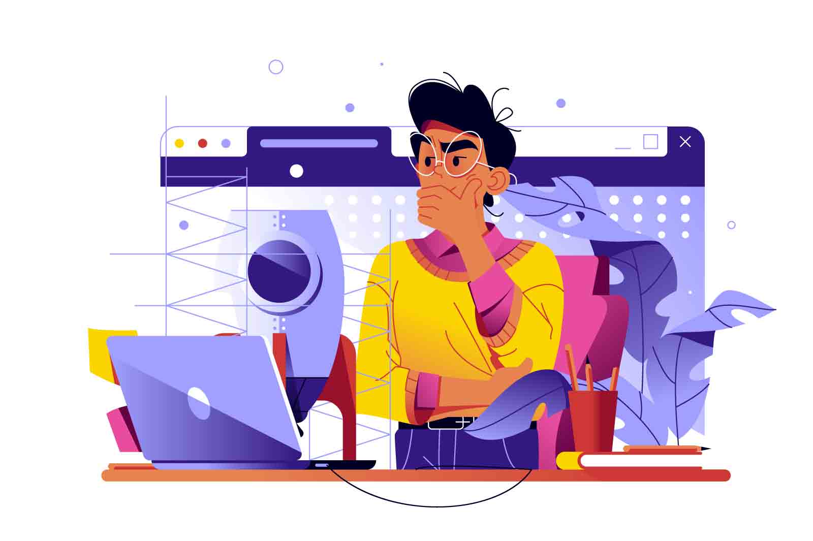Man working on laptop in office vector illustration. Freelance worker at online remote work flat concept. Freelancer working at new project or startup