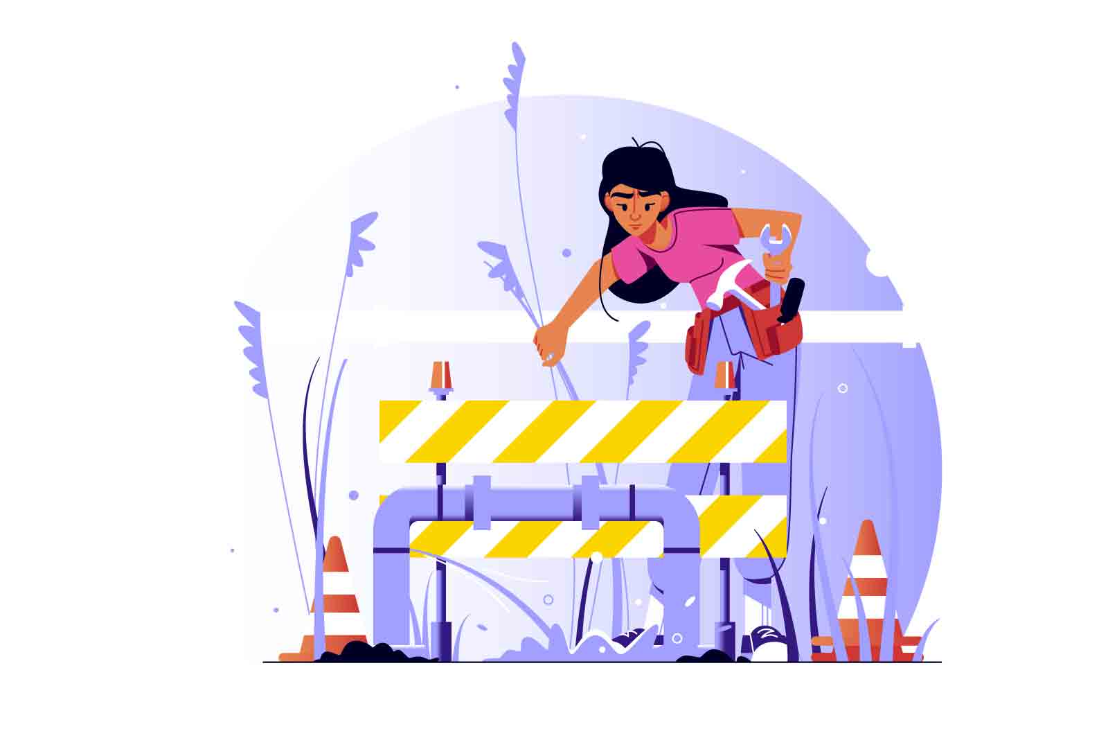 Female repair worker character fixing pipes vector illustration. Woman fixing leakage or repair heating system. Plumbing repair service worker fat style concept