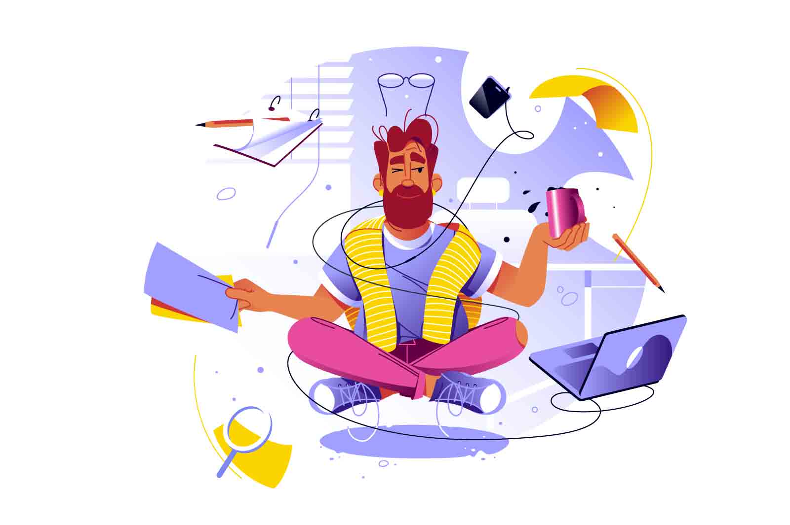 Man meditation at work vector illustration. Businessman meditate, zen and chilling. Business relax. Relaxing in office, no stress recent flat concept