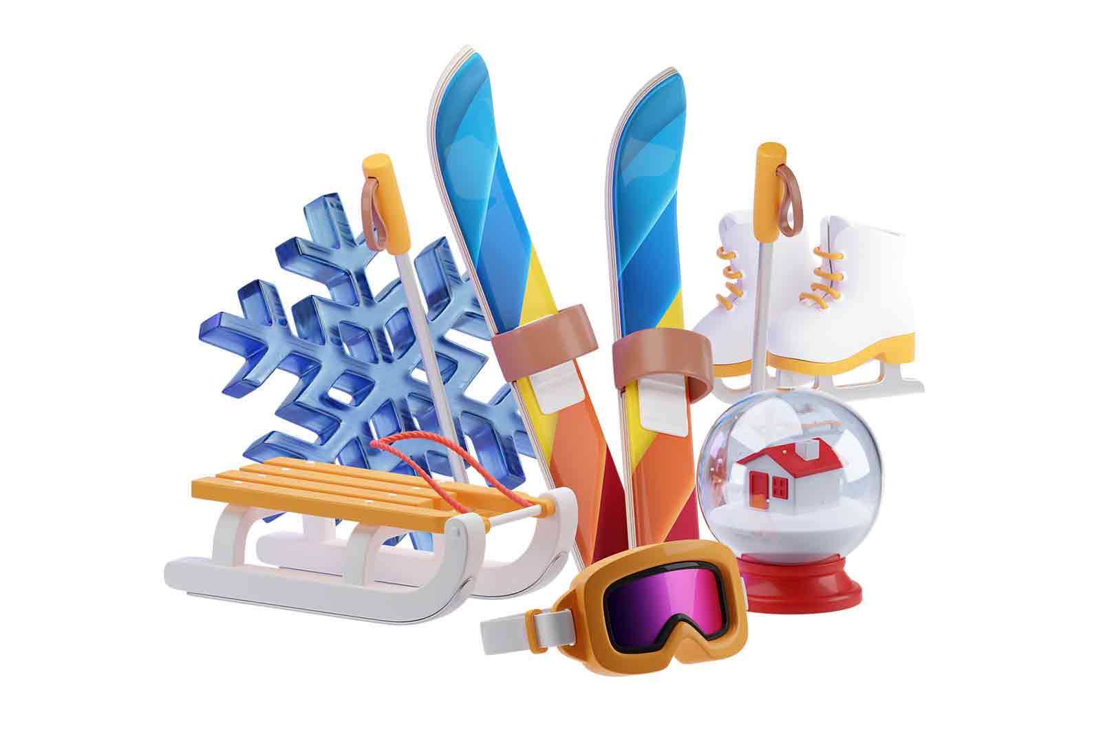 Winter objects 3d rendered illustration. Equipment for spending time in the winter season. Isolated on white.