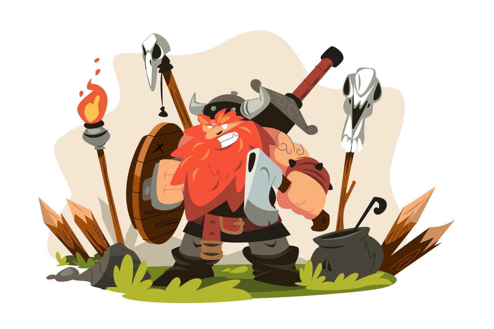 Viking warrior on battle field vector illustration. Man character with sword, axe, and helmet with horns flat style concept