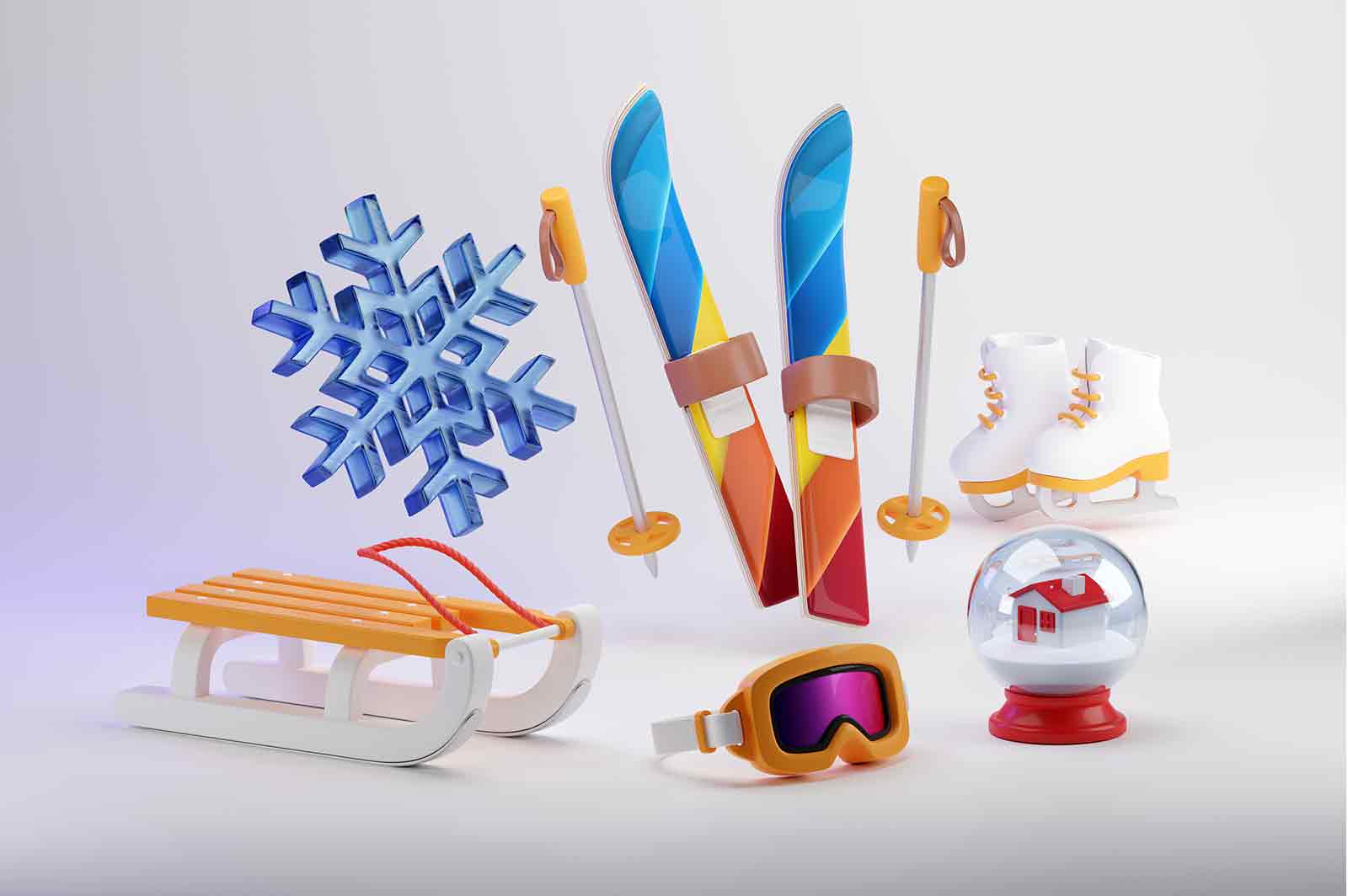 Winter objects 3d rendered illustration. Equipment for spending time in the winter season.