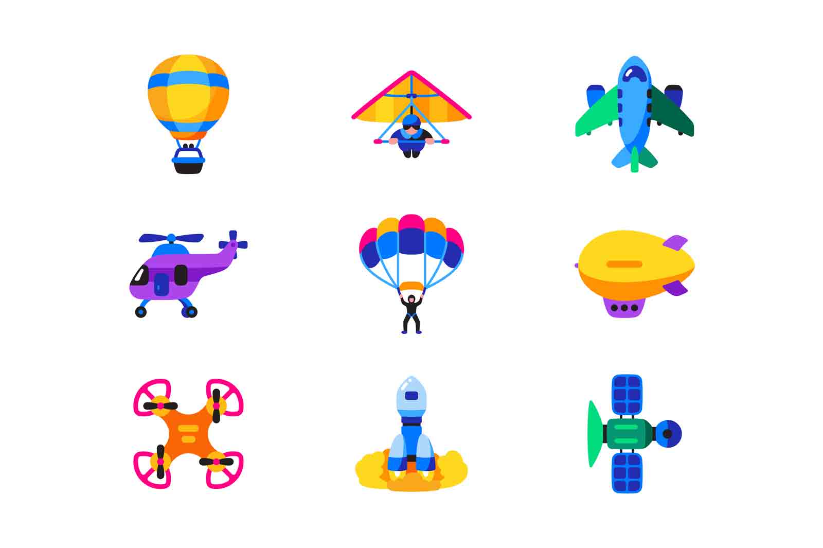 Set of air transport vector illustration. Collection of air balloon, plane, helicopter, drone, satellite, rocket and airship. Old and modern aircrafts