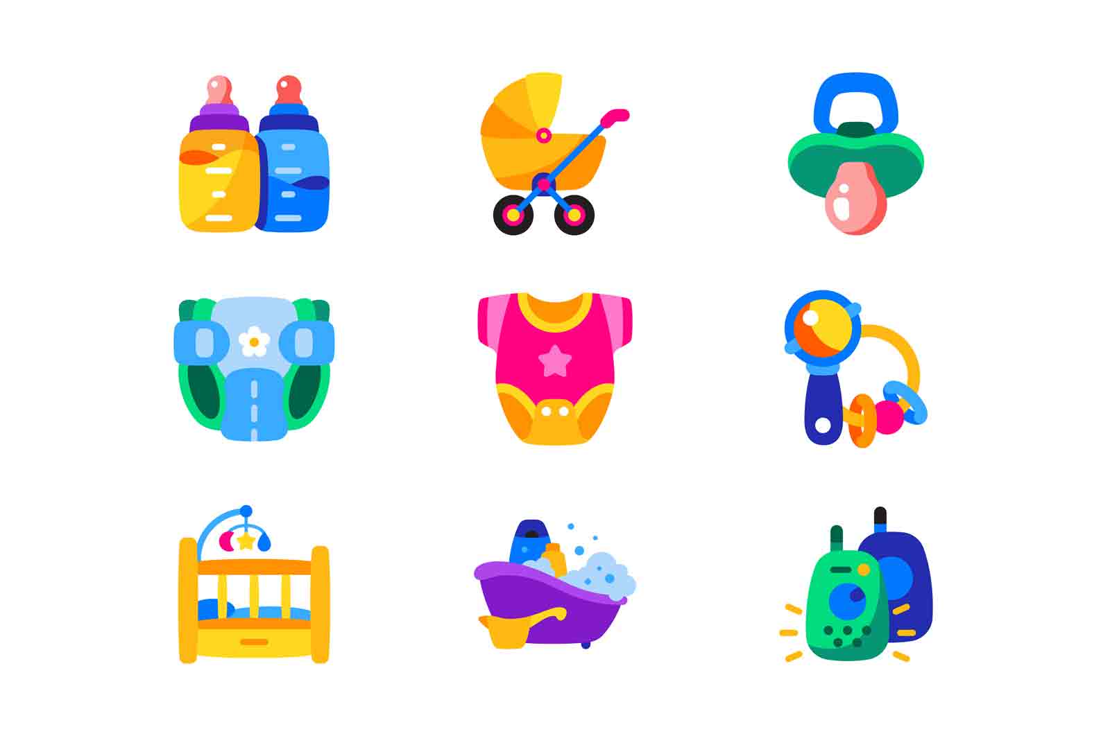 Baby care tools set vector illustration. Collection of newborn baby care products. Toys and accessory for baby. Childhood and childbearing concept