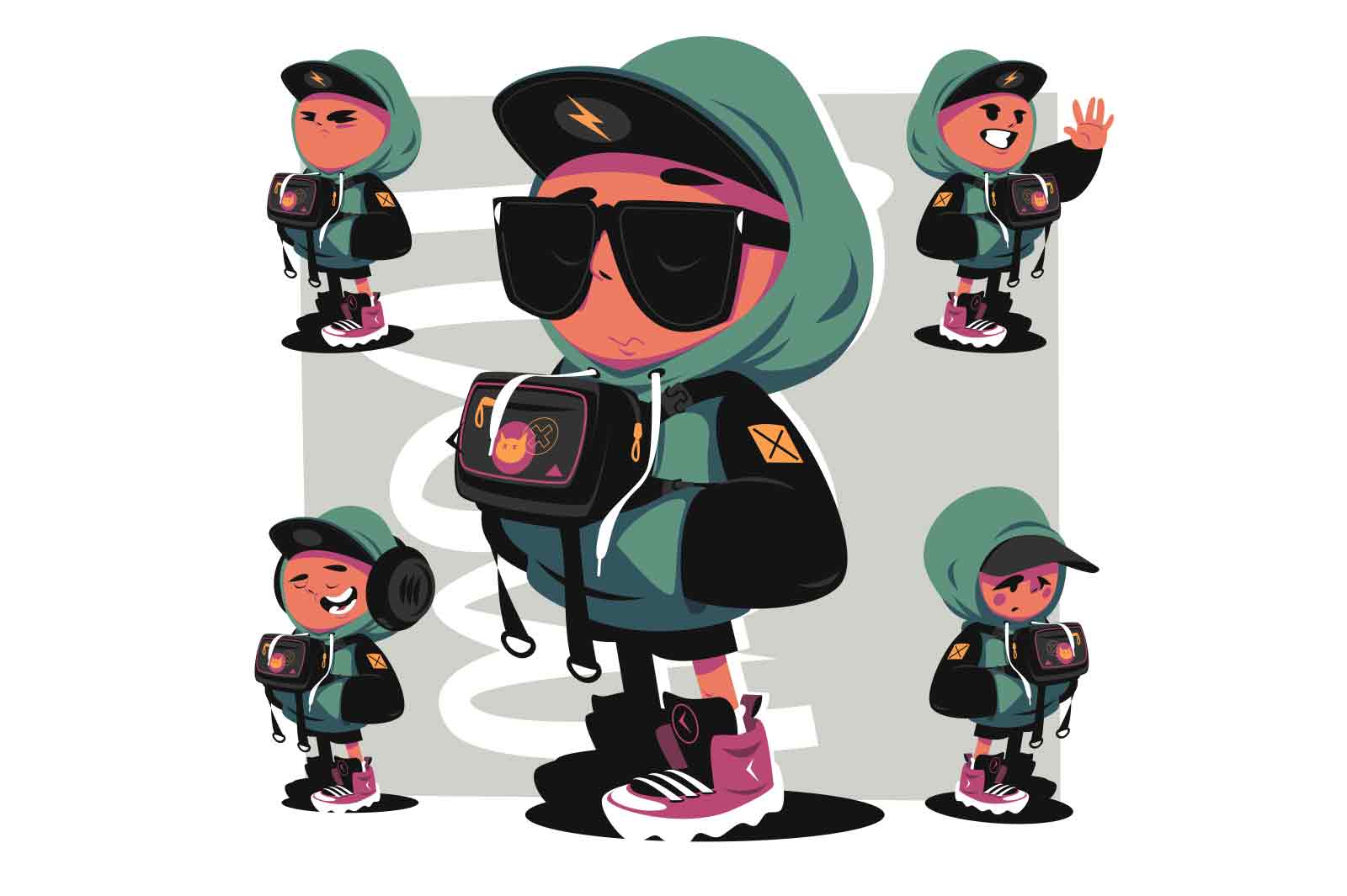 Dude in hooded sweatshirt vector illustration. Stylish guy with different emotions. Cool boy in hoodie and baseball cap