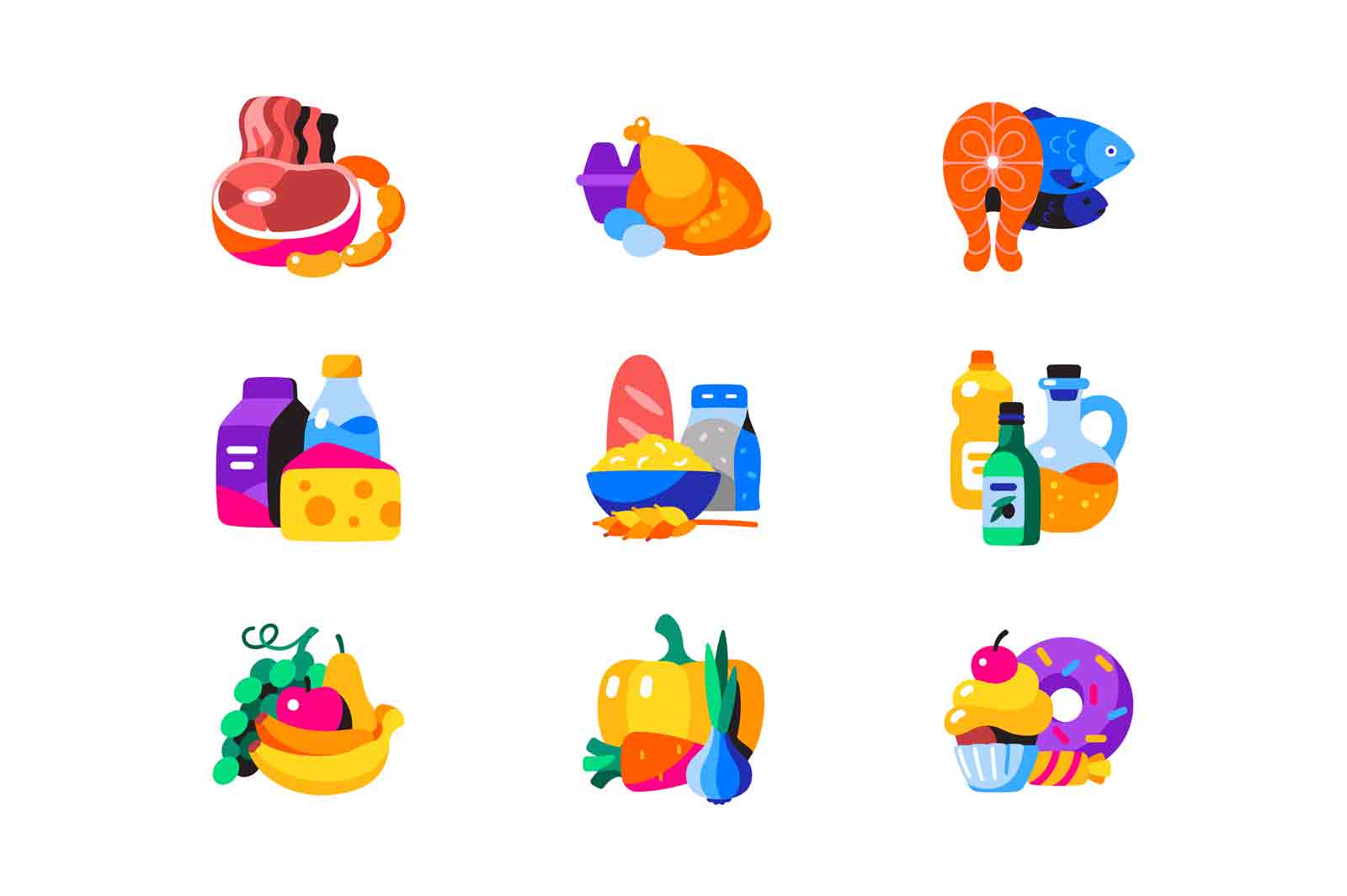Food products icons set vector illustration. Meat products, dairy produce, bakery, seafood, fruits and vegetable and sweets flat concept