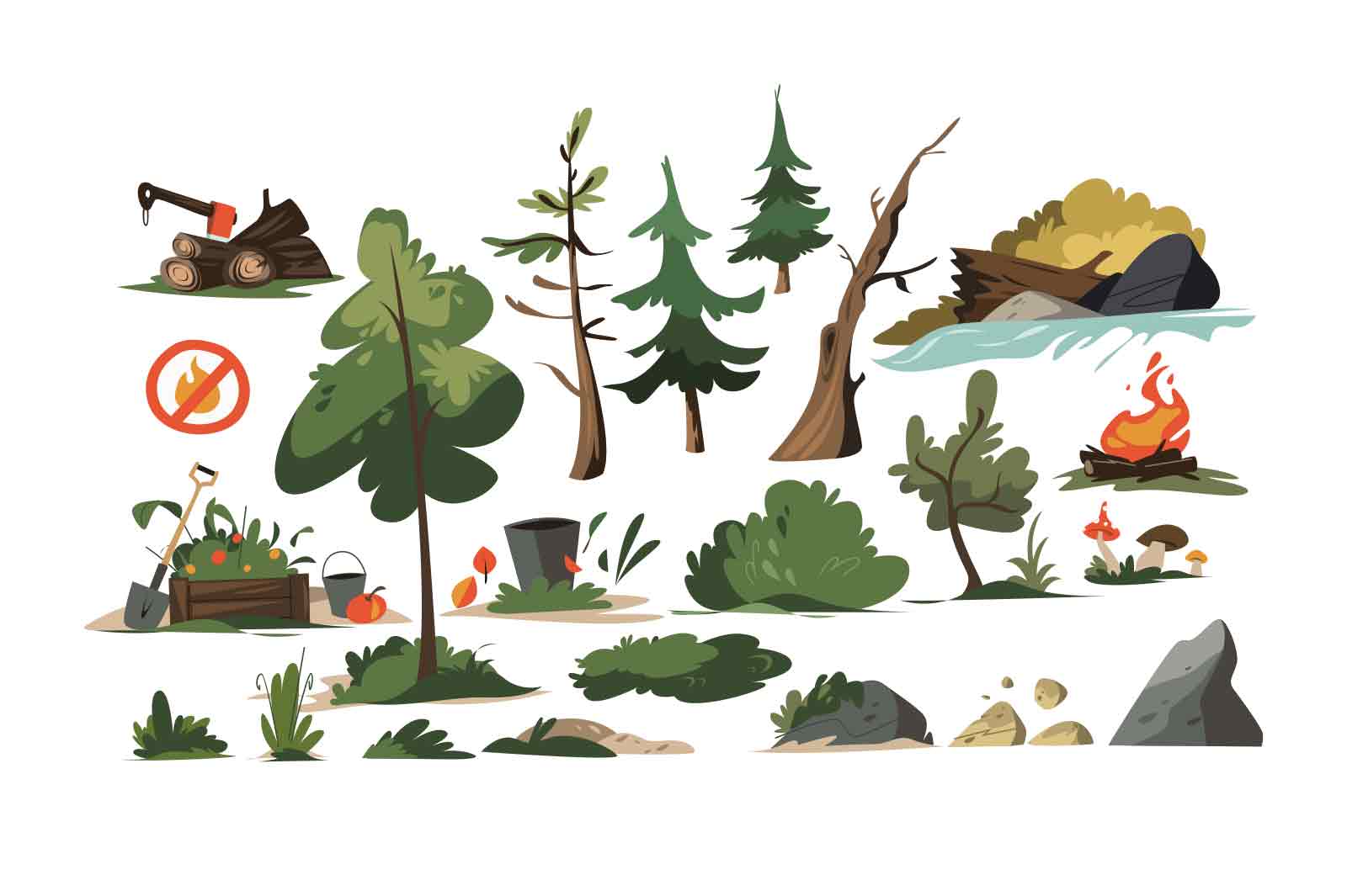 Forest nature with trees and stones set vector illustration. Trees, hedges, bush, mushrooms and apples flat style concept