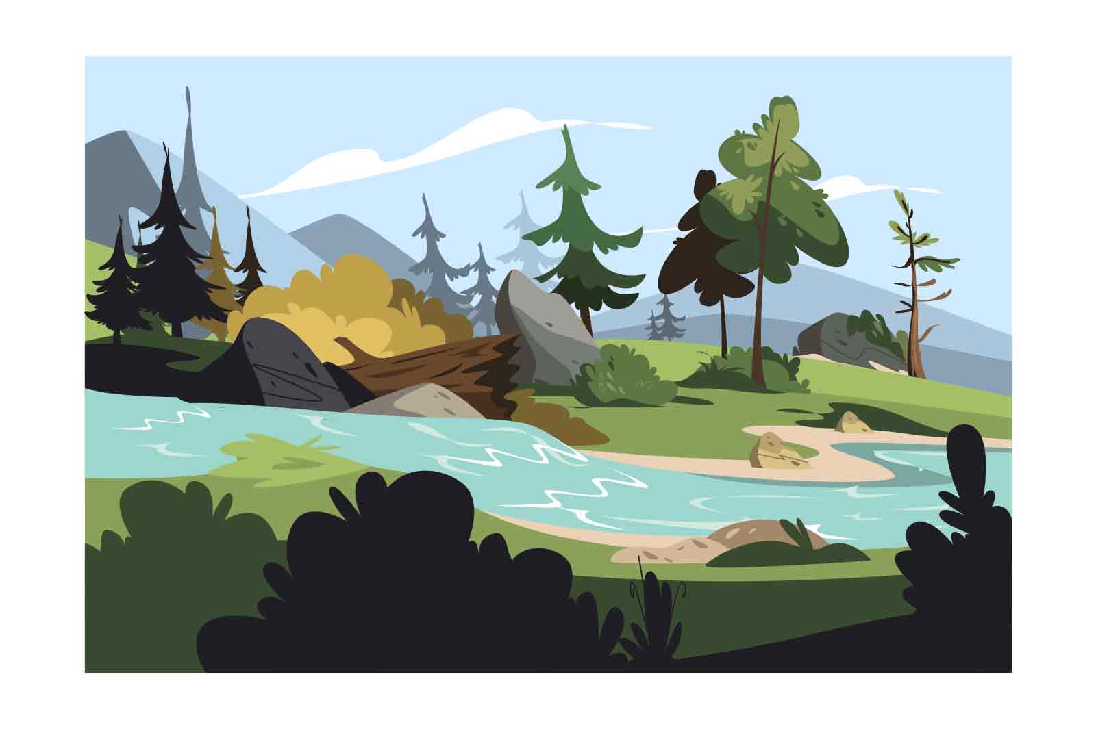 Forest natural landscape with river vector illustration. Mountains and forest scene flat style concept. Virgin nature