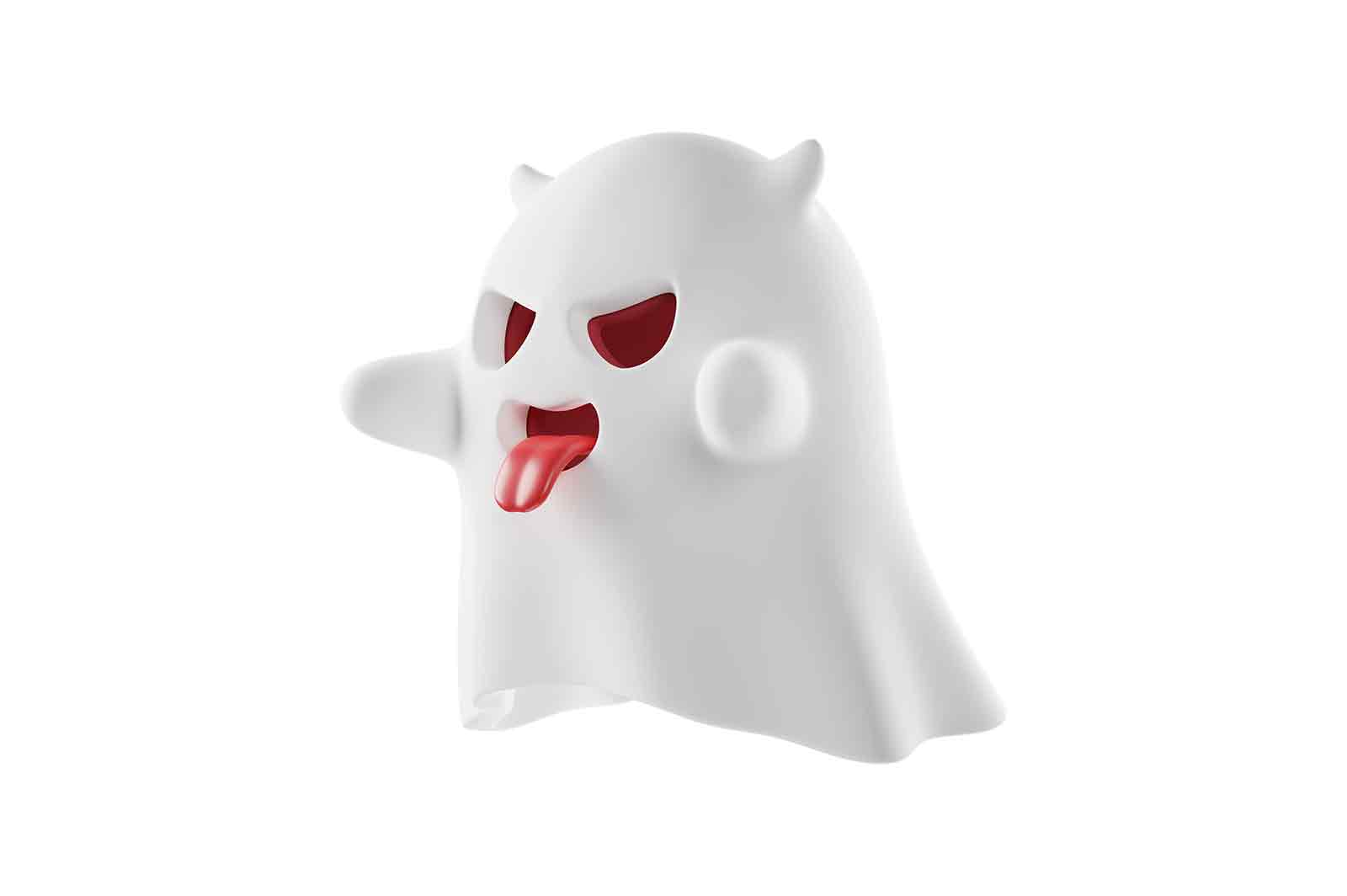 White cunning ghost for halloween 3d rendered illustration. Cartoon horror character showing tongue. Happy halloween day
