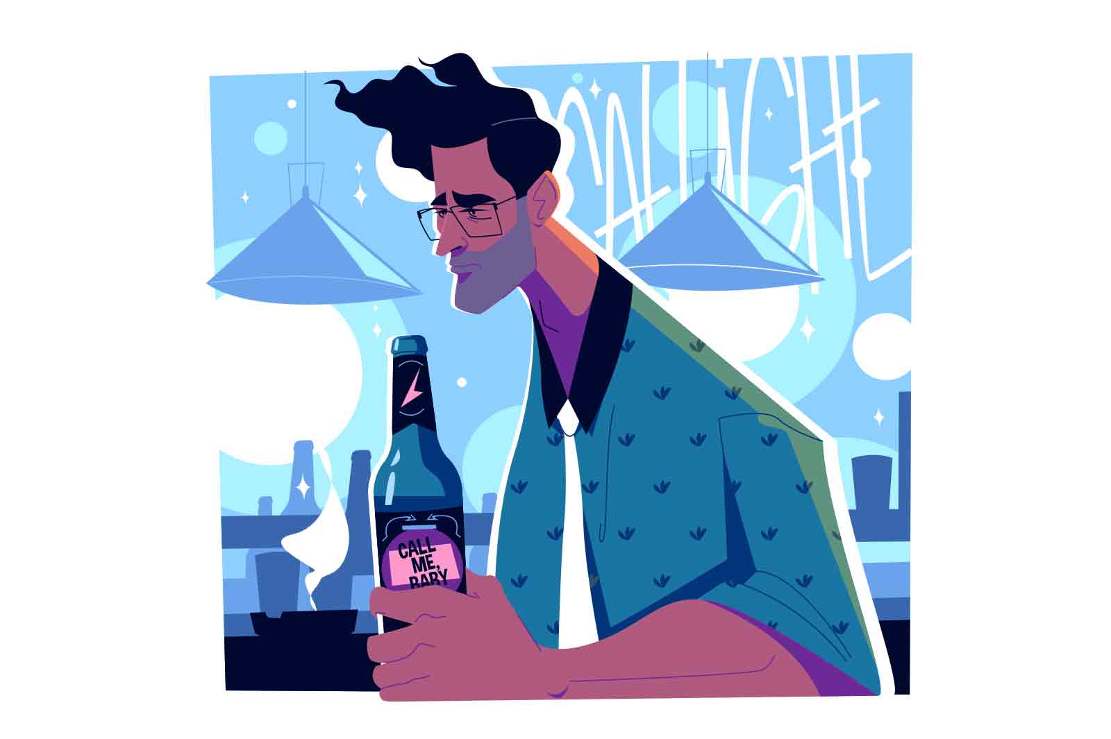 Guy relaxing in bar vector illustration. Man sitting alone and drinking beer in pub. Night life and restaurant concept