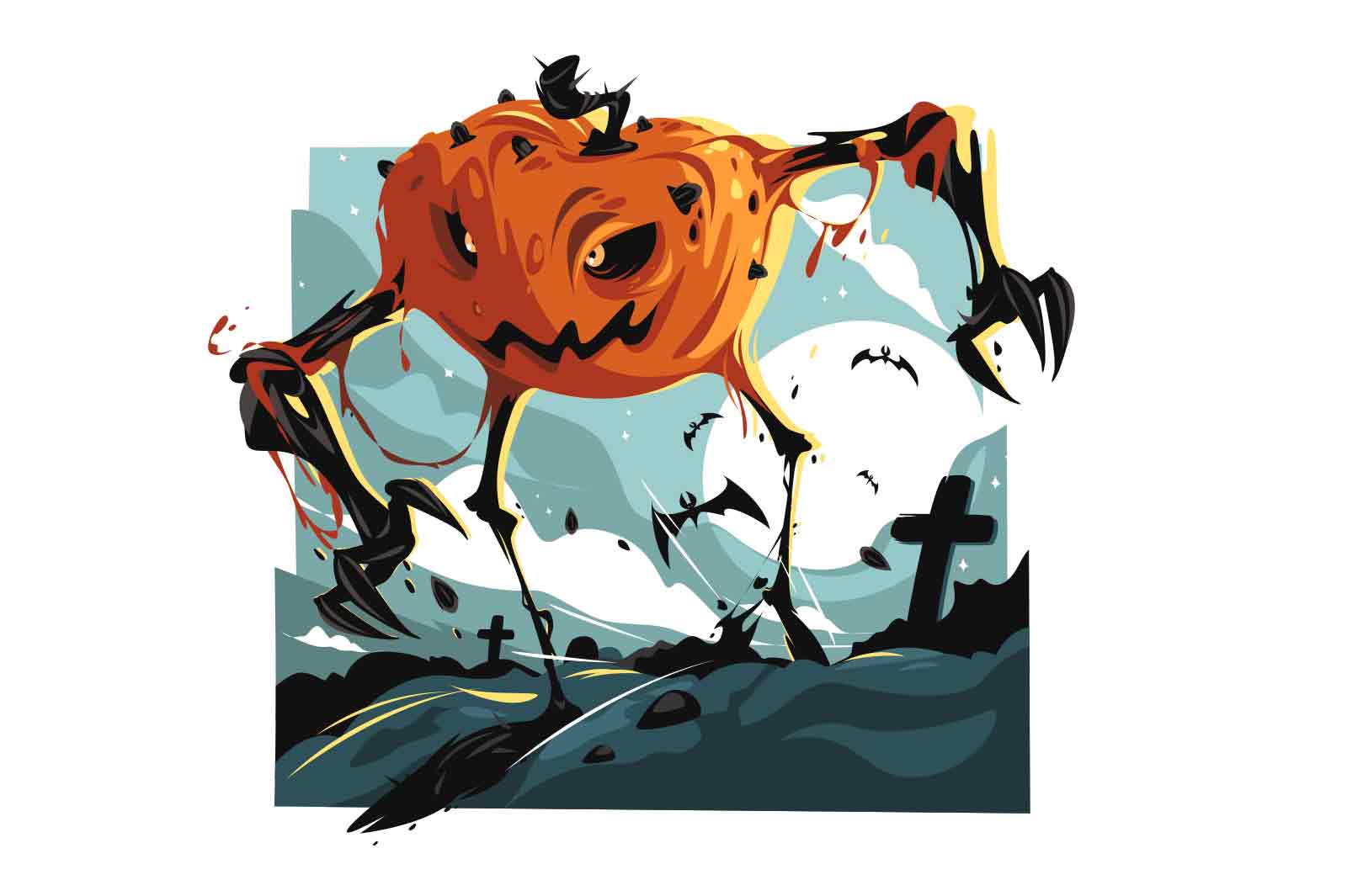 Halloween pumpkin monster vector illustration. Pumpkin scarecrow on cemetery. Full moon in scary night. Happy halloween concept