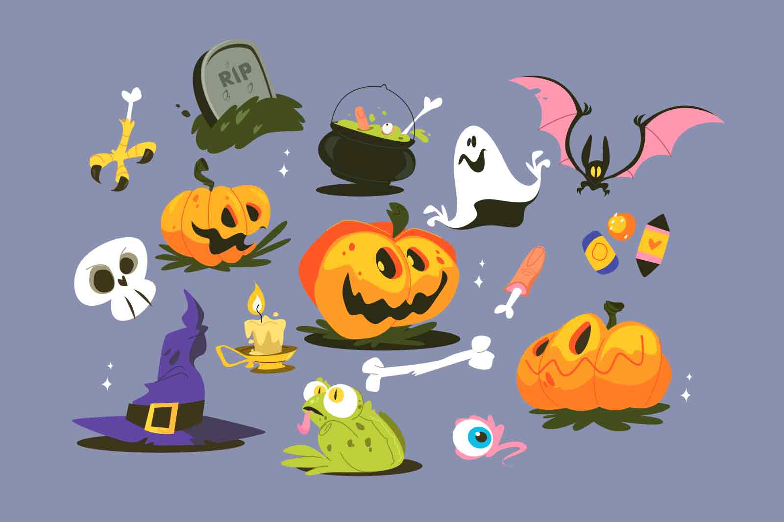 Halloween decoration elements set vector illustration. Horror night party design. Happy halloween symbols flat style concept