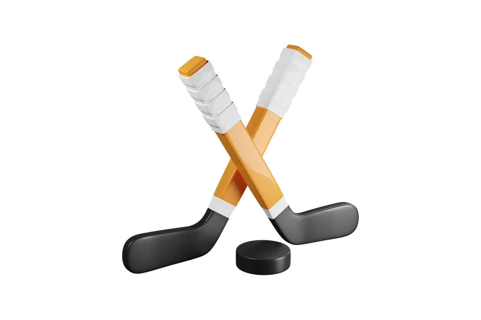 Crossed hockey sticks and puc 3d rendered illustration. Team winter sport championship concept. Isolated on white
