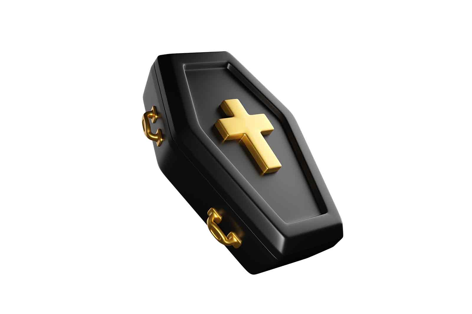 Black coffin with golden cross 3d rendered illustration. Horror symbol of death. Trick or treat and happy halloween concept