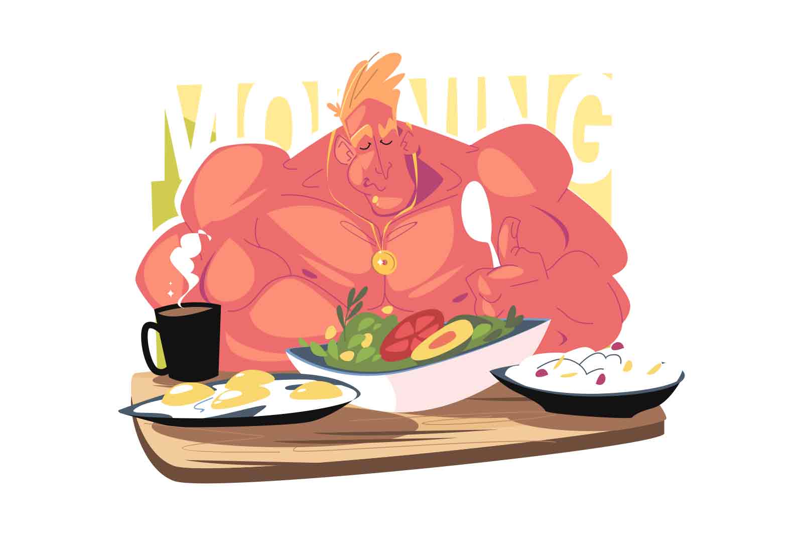 Athlete having breakfast vector illustration. Man sitting at table and having morning meal flat style concept. Healthy food idea