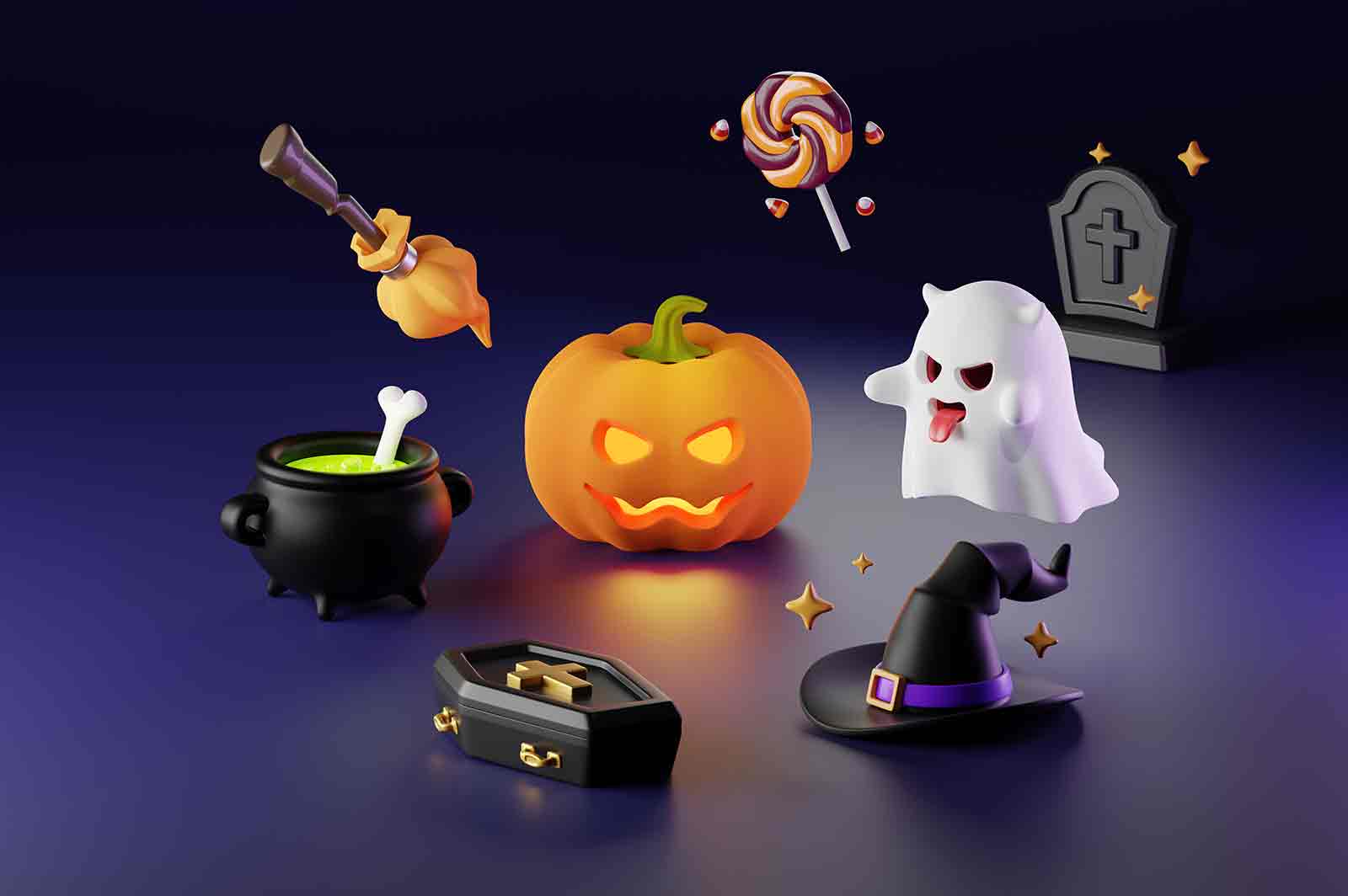 Free download Halloween 3D rendered illustration. Halloween atributes and objects with puimpkin in the center of composition on dark background.