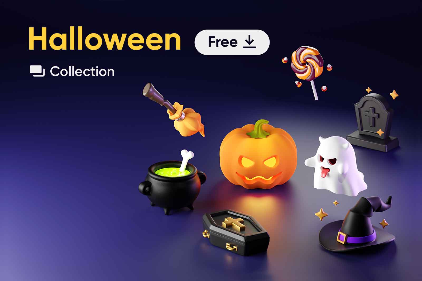 Download free Halloween 3D icons. Blender source, transparent PNG, JPG files. Ghost, pumpkin, tombstone.