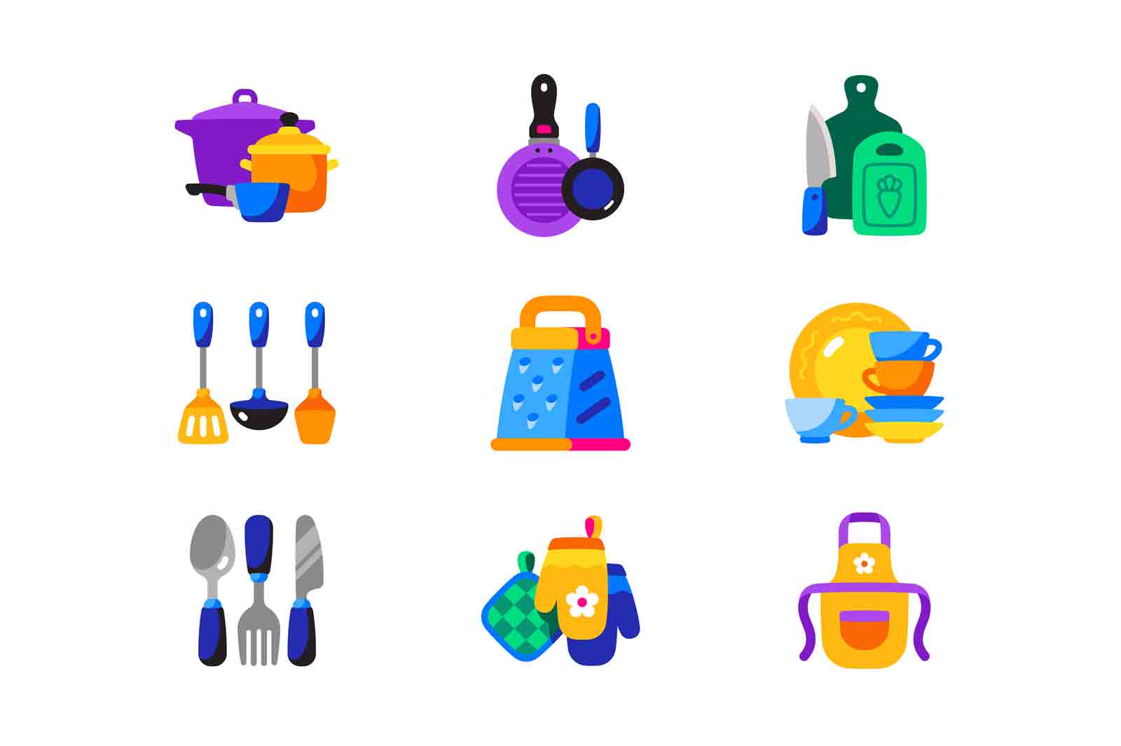 Kitchen accessories icons set vector illustration. Kitchenware tools and equipment, utensils and cutlery for cooking dishes flat style concept