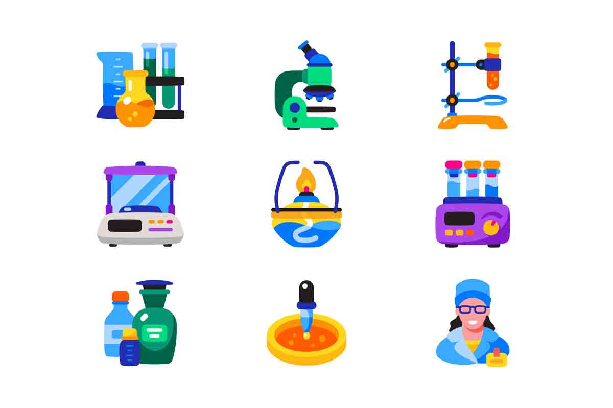 Equipment and tools for laboratory icon set vector illustration. Lab glassware and chemists accessories for researching flat style concept