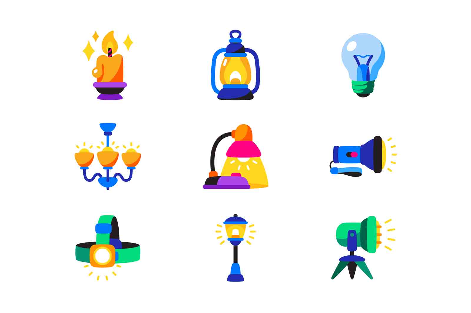 Types of lightning icons set vector illustration. Collection of illumination. Candle, lightbulb, chandelier, lamp and flashlight flat concept