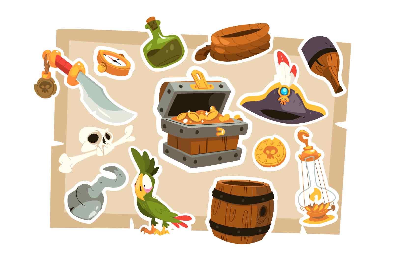 Pirate cartoon objects set vector illustration. Corsair, golden treasure chest, rum bottle and iron cannon. Sea adventure element collection