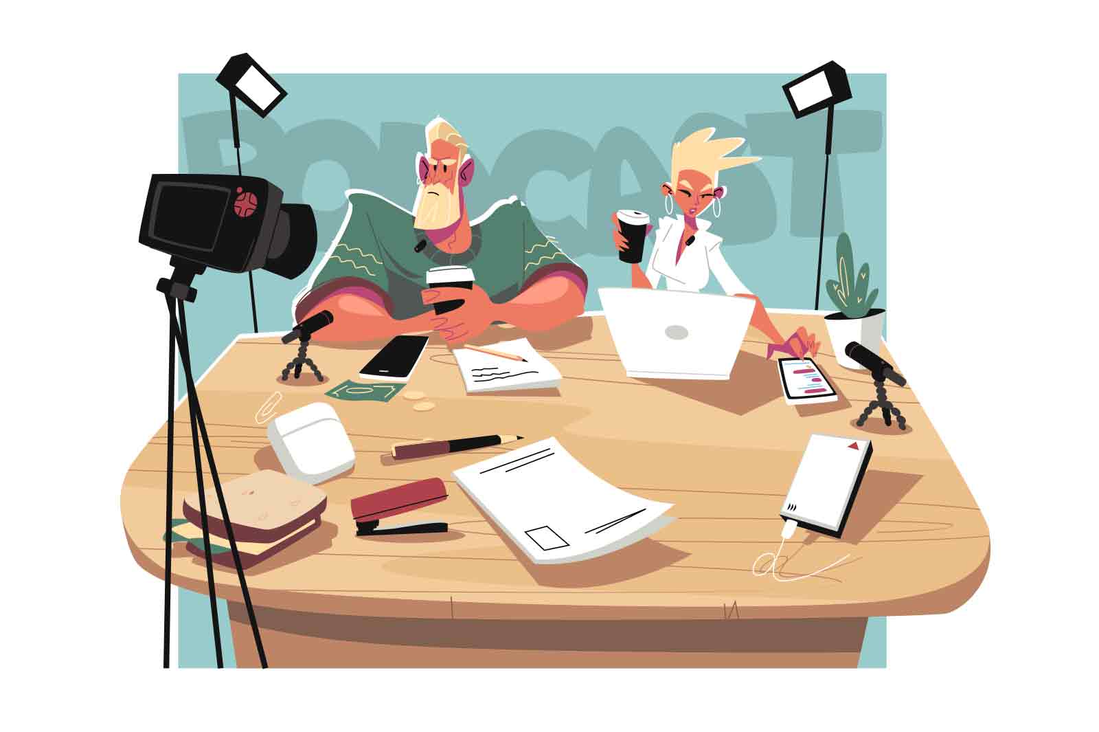 Man and woman podcaster vector illustration. People recording podcast, online radio show flat style. Podcasting and broadcasting concept