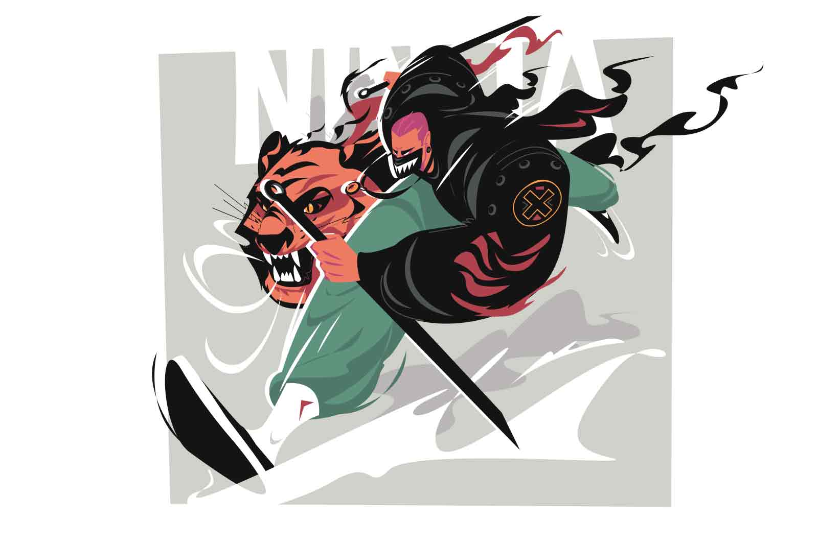 Samurai flying into battle in leap vector illustration. Crushing attack with katana. Ninja warrior and tiger samurai concept