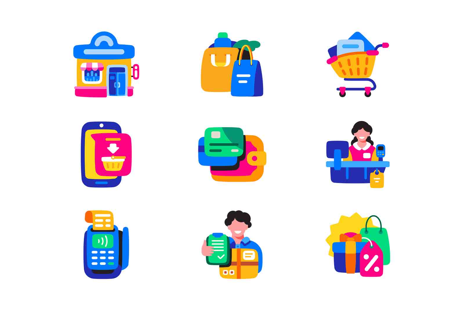 Shopping icons set vector illustration. Shop, purchases, way of payments, cashier and salesman flat concept. Shopping and purchasing goods