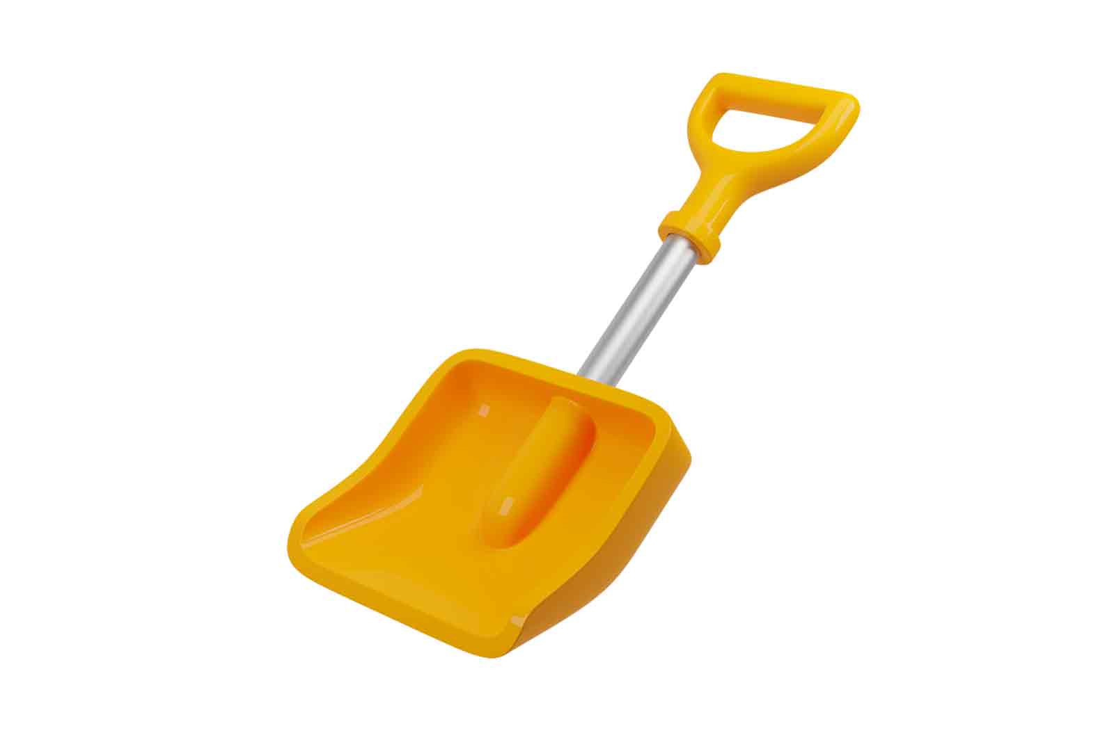 Wide plastic snow shovel 3d rendered illustration. Yellow handtool for cleaning snow isolated on white