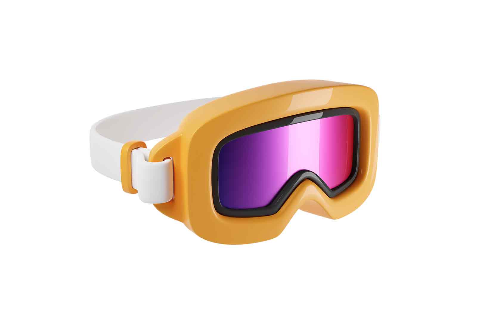 Ski or snowboarding goggles 3d rendered illustration. Ski mask with polarized lens. Equipment for snowboarding and skiing