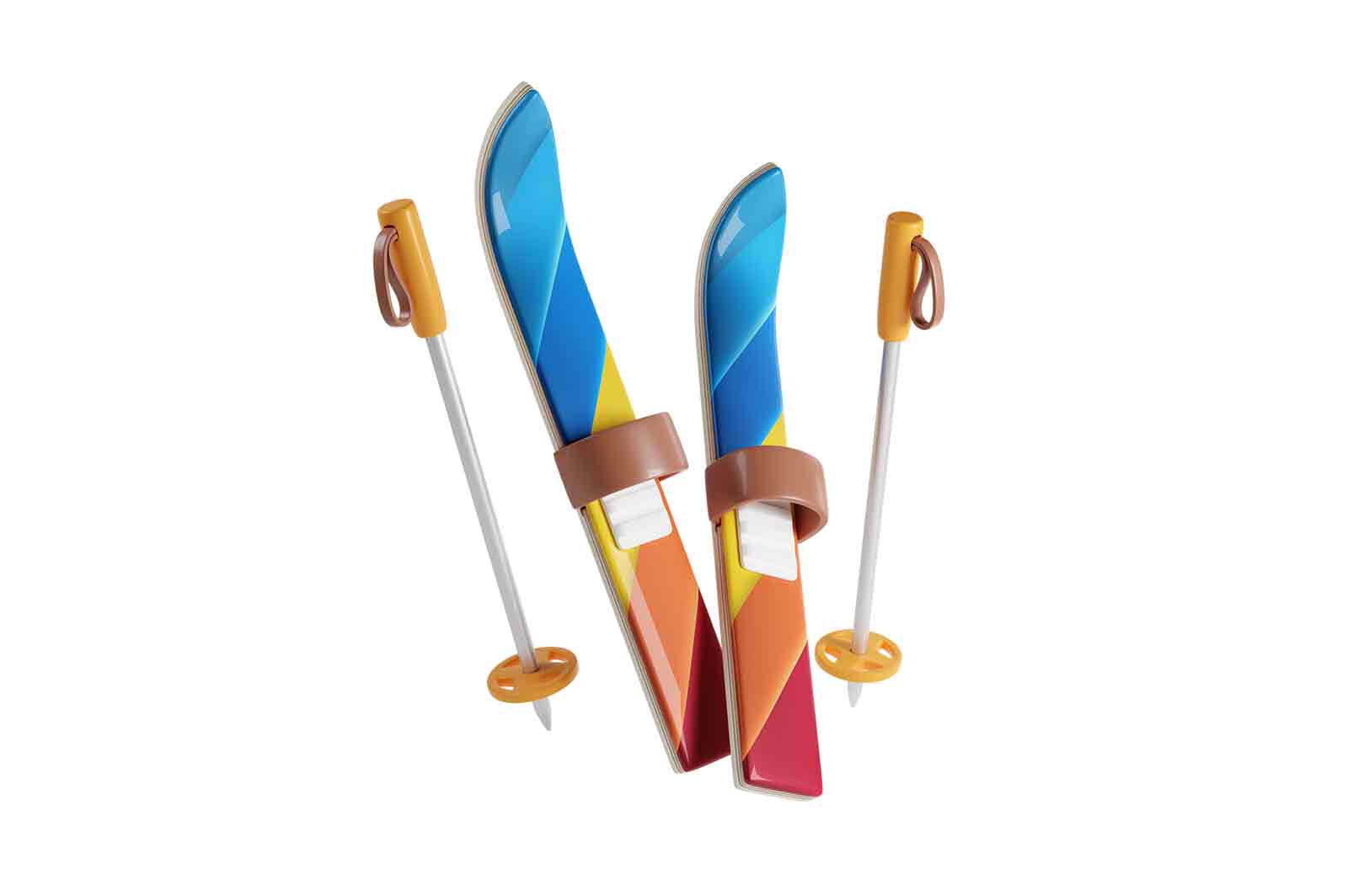 Mountain ski and sticks equipment 3d rendered illustration. Extreme skiing tools, skier gear. Winter sport activity concept