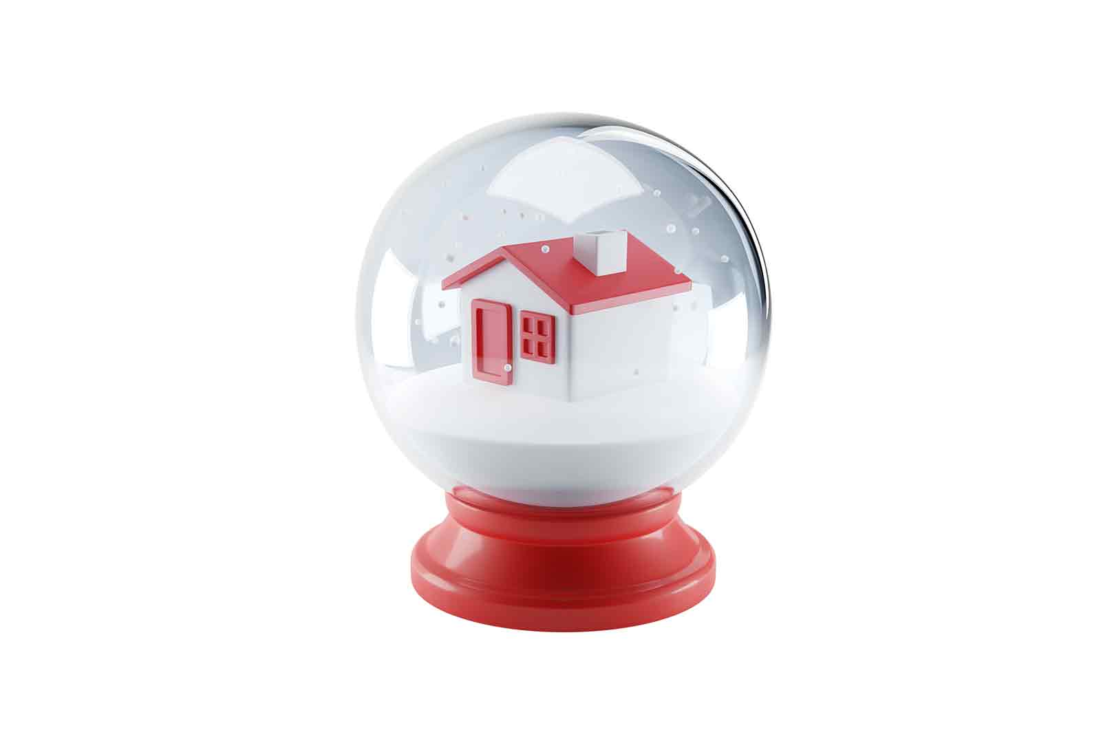House in snowball decoration 3d rendered illustration. Glass ball winter seasonal christmas decoration. Xmas and happy new year concept