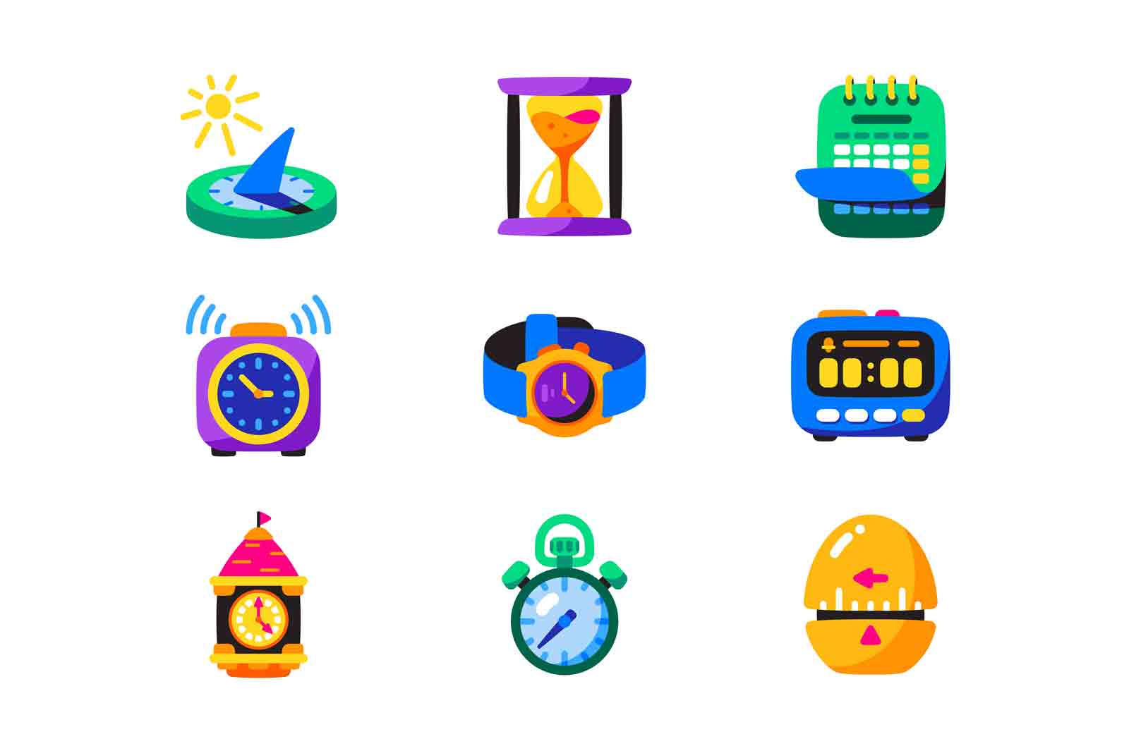 Time devices icons set vector illustration. Sundial, sandglass, calendar, alarm-clock,stopwatch and clock flat style concept