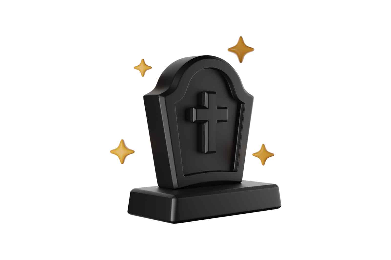 Black memorial tombstone and stars 3d rendered illustration. Gravestone with cross. Happy Halloween holiday concept