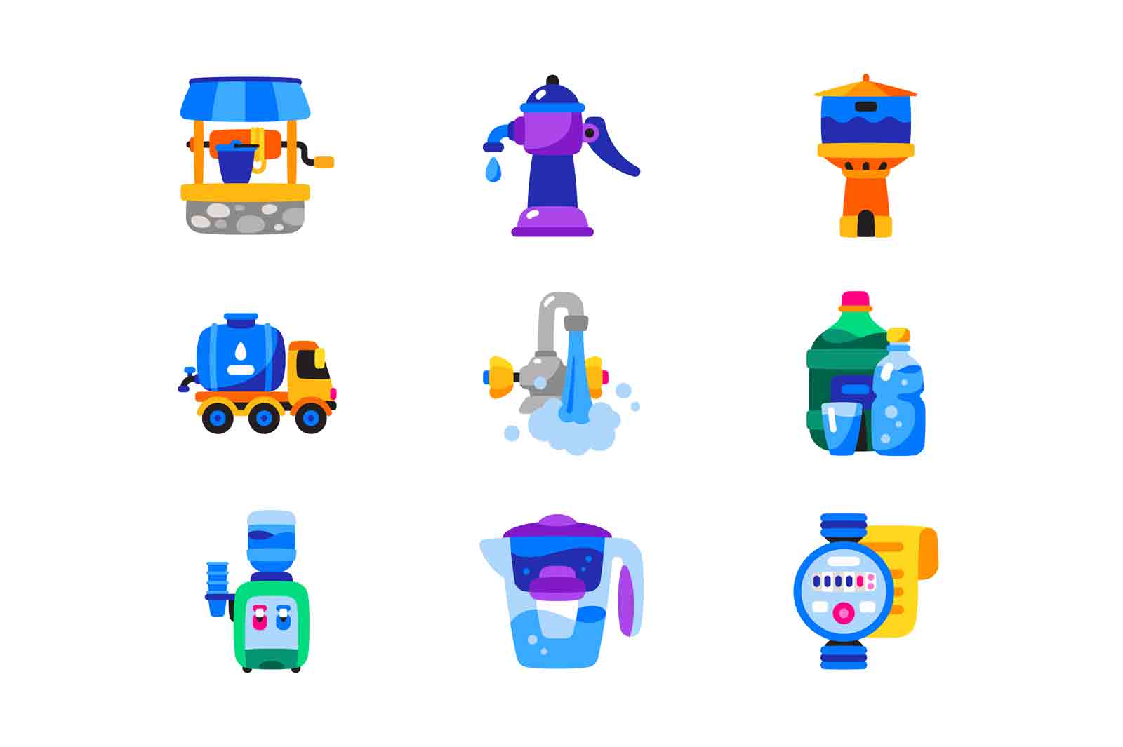 Water supplies system set vector illustration. Well, tap, water tower, water pump and cooler flat style concept