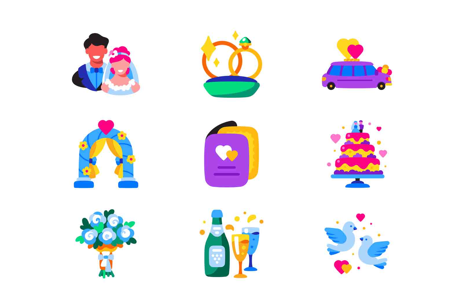 Wedding accessories icons set vector illustration. Collection of bride and groom, rings, cake, flowers and festive arch flat style concept