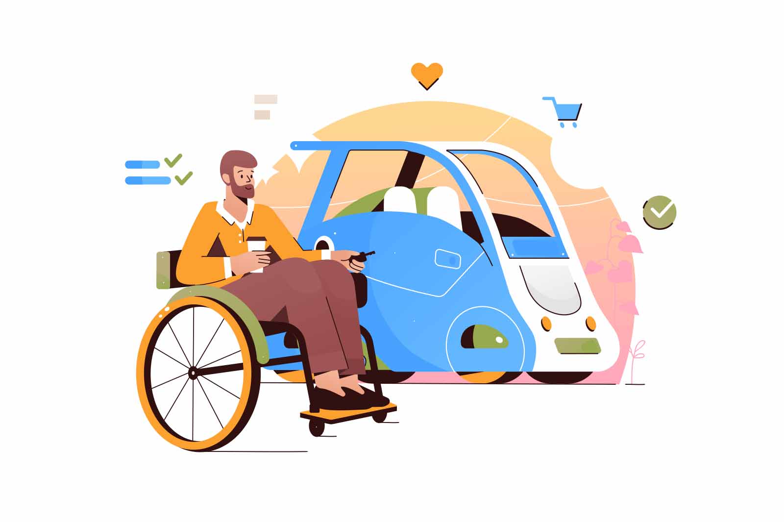 Disabled man in wheelchair near car vector illustration. Handicapped man near vehicle flat style concept
