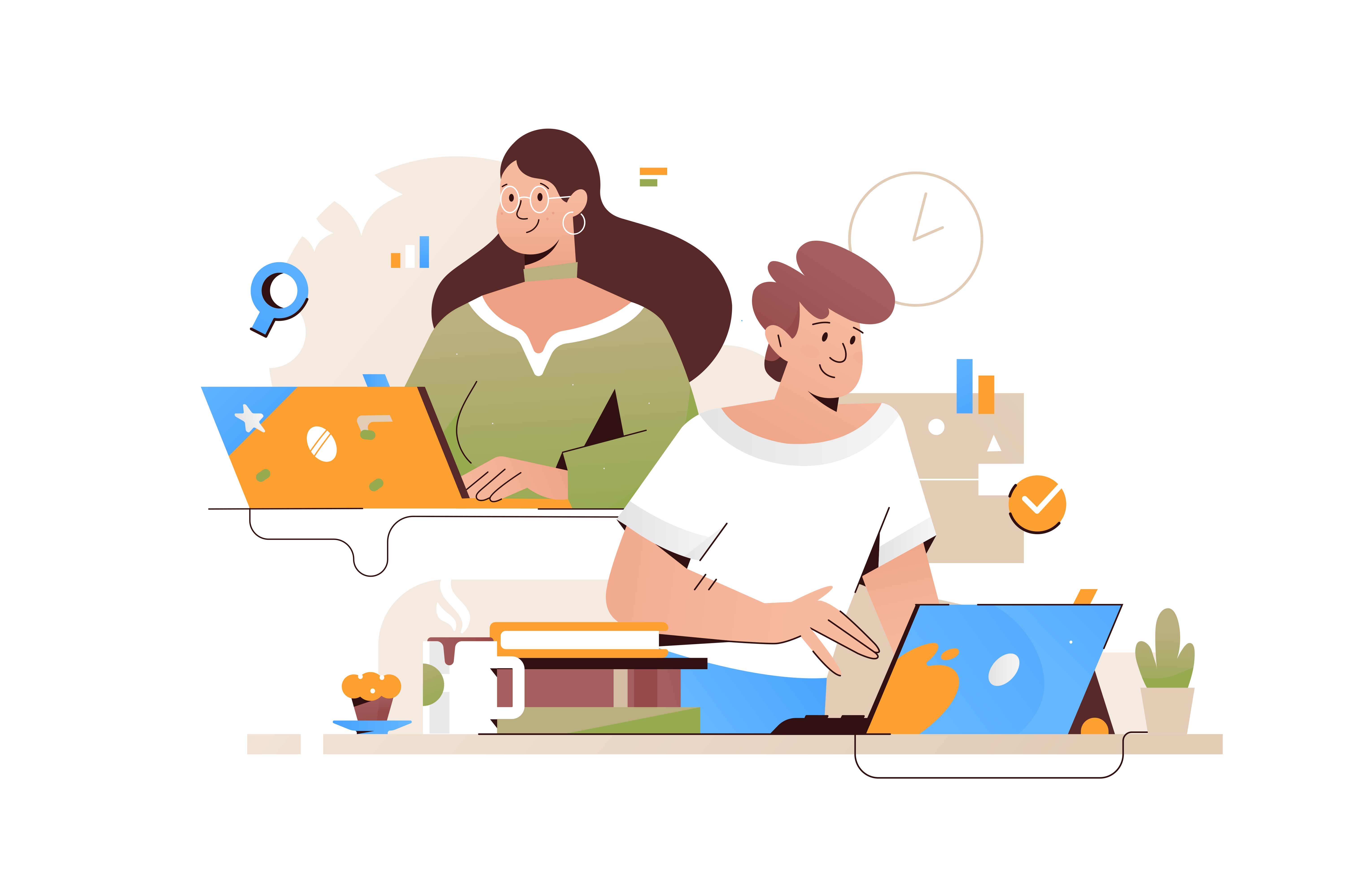Man and woman colleagues working in office together vector illustration. Team and teamwork flat style concept