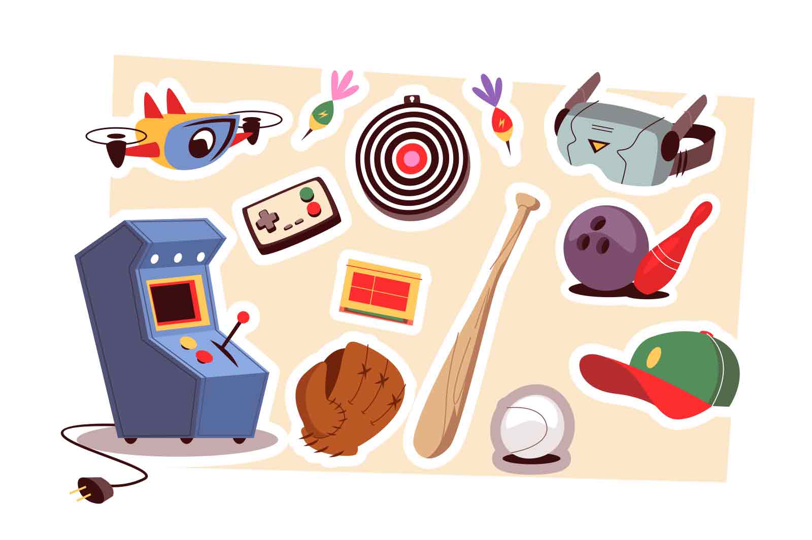 Active games tools and equipment set vector illustration. Bowling, baseball, computer games, vr glasses and slot machine flat style concept
