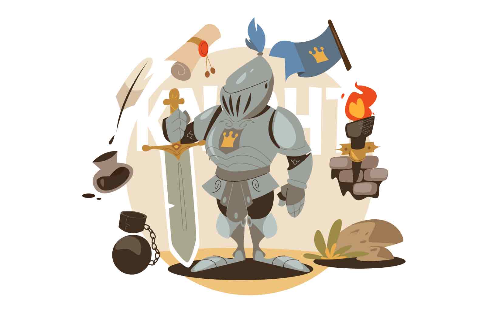Medieval knight on battle field vector illustration. Cavalier in heavy armor and holding large sword flat style concept