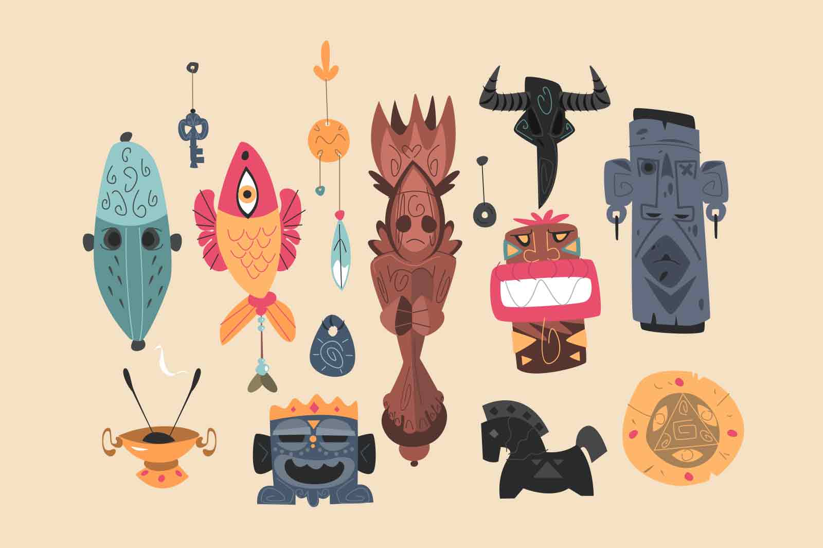 Totem pole and ethnic tribal masks set vector illustration. Traditional indigenous elements. Idols symbols flat style concept