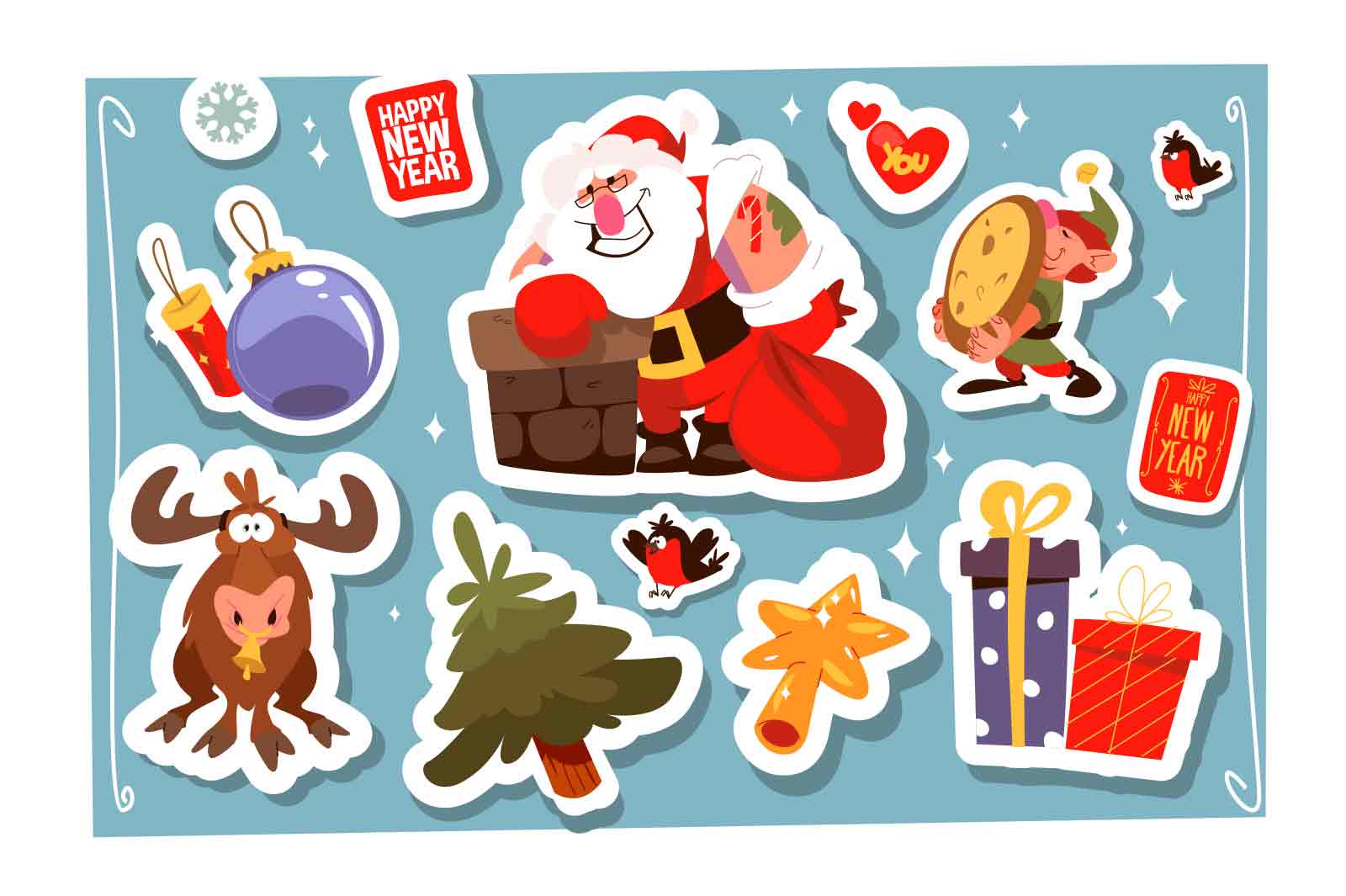 Merry christmas and happy new year stickers vector illustration set. Fir-tree, toys, gift boxes,elf and santa claus flat style concept