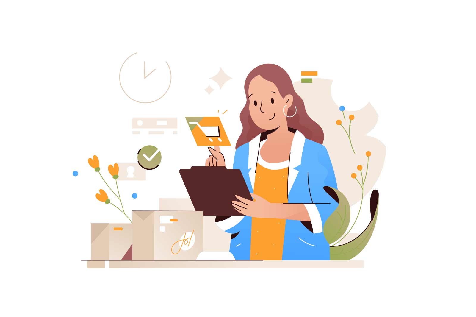 Smiling woman shopping online using tablet vector illustration. Online purchasing goods and delivery concept