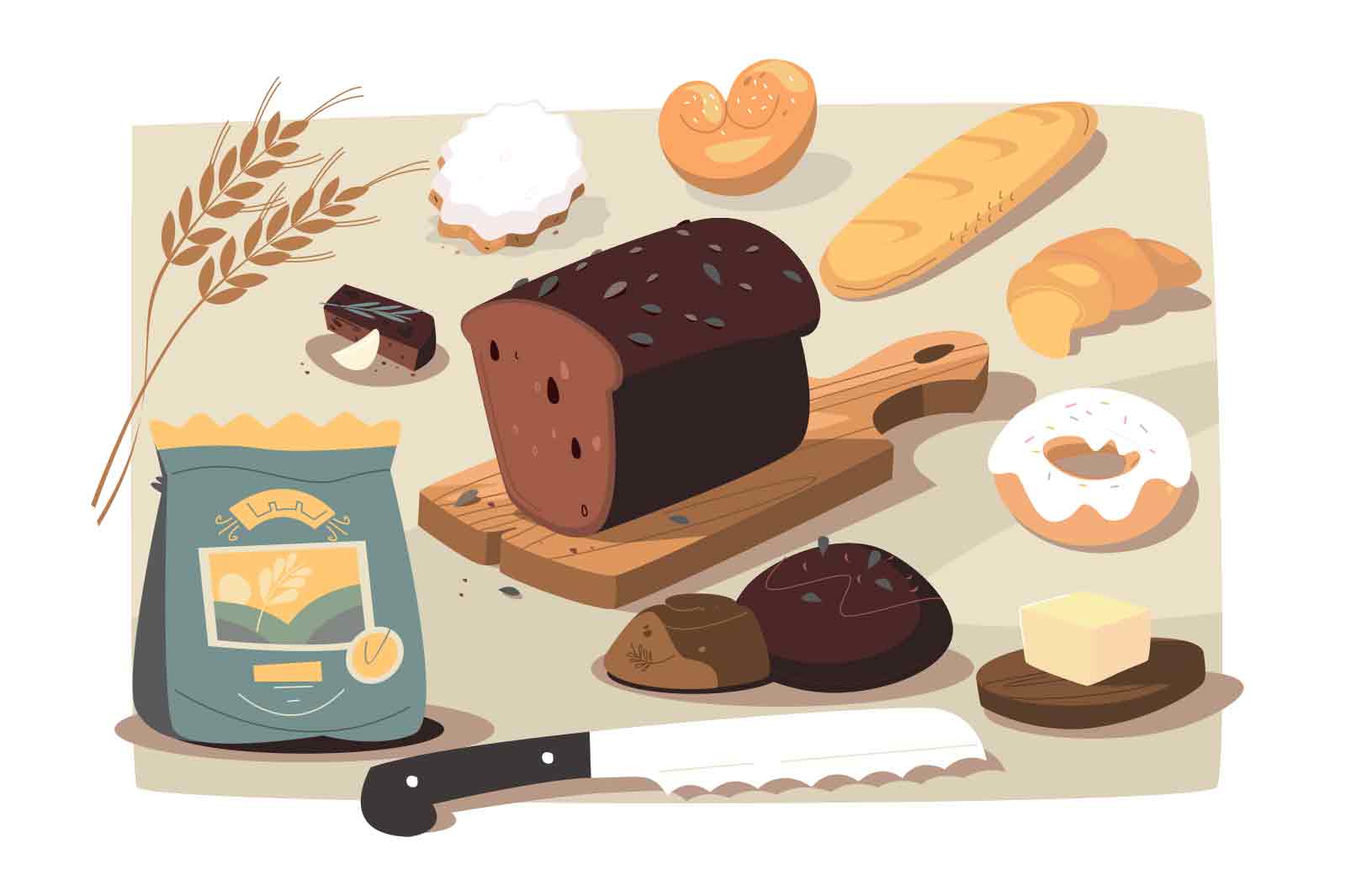 Baking and flour products set of objects vector illustration. Bread, rolls and ingredients lying on the table.