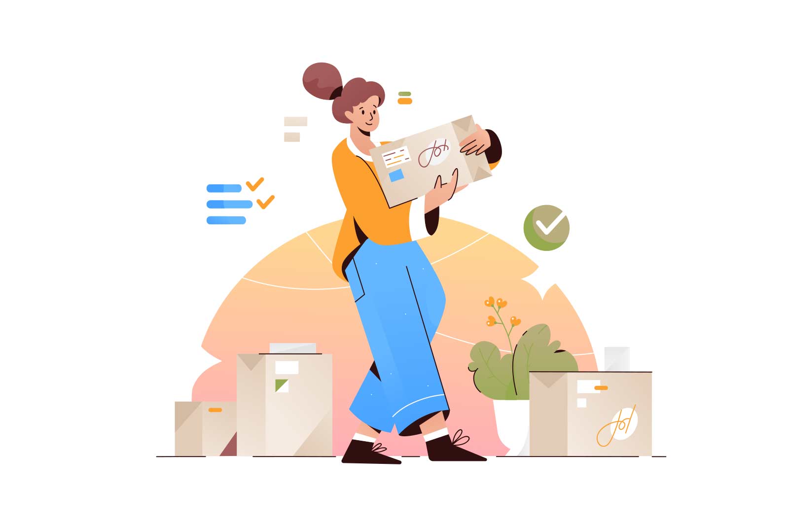 Young woman holding large cardboard box vector illustration. Packaging for delivery of goods, moving or courier delivery service flat style concept