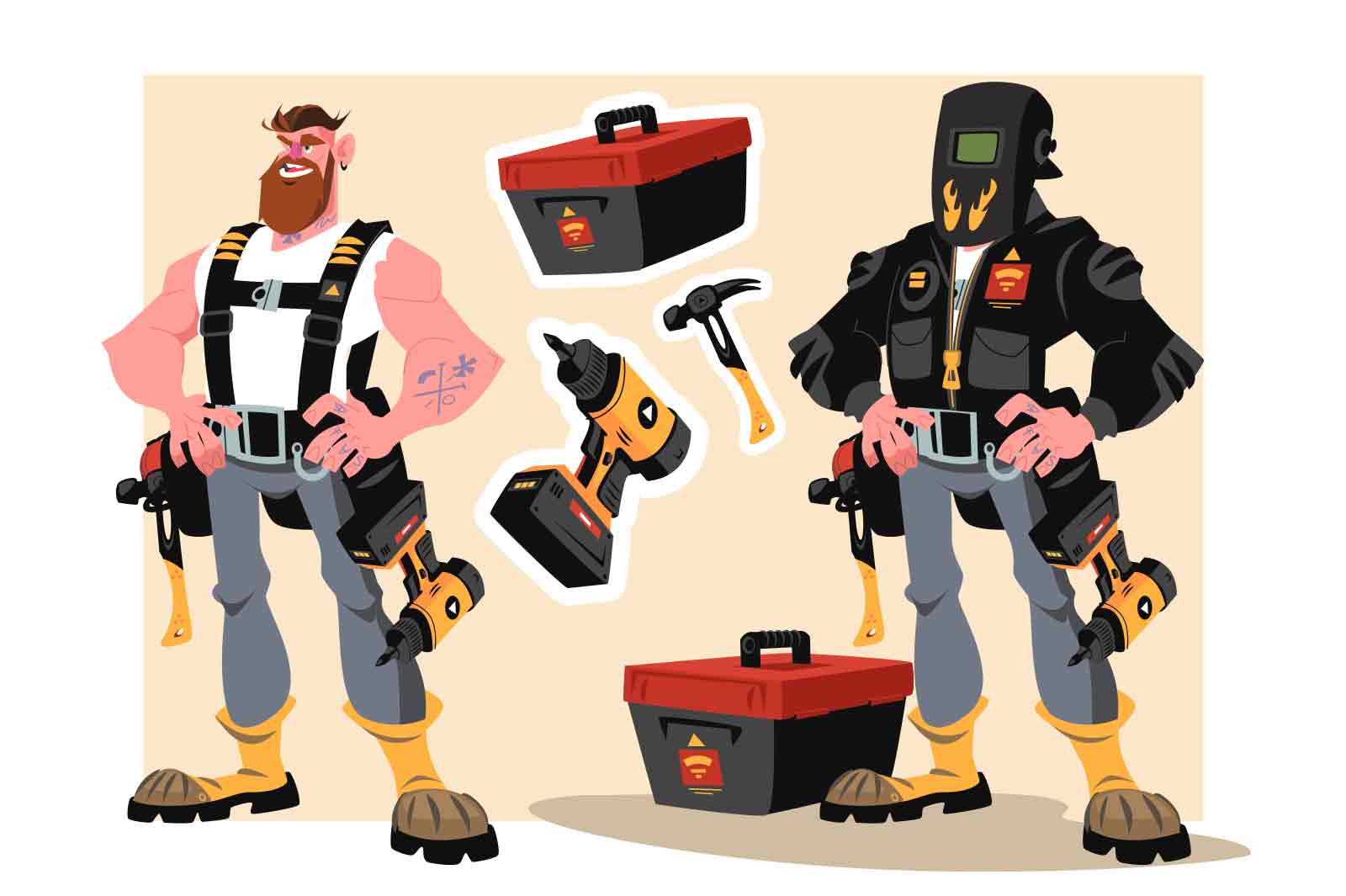 Man builder in welding mask with tools and equipment vector illustration. Home renovation worker in uniform. Building flat style concept
