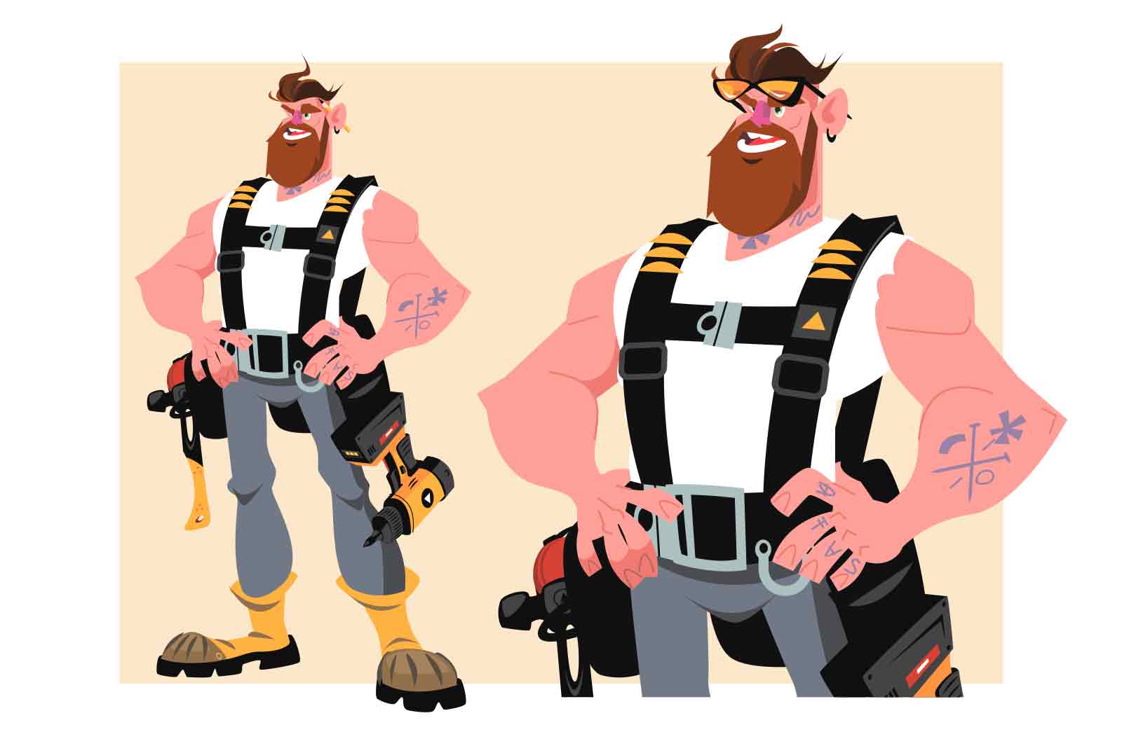 Guy builder in uniform and with tools vector illustration. Home renovation worker. Building and renovation flat concept