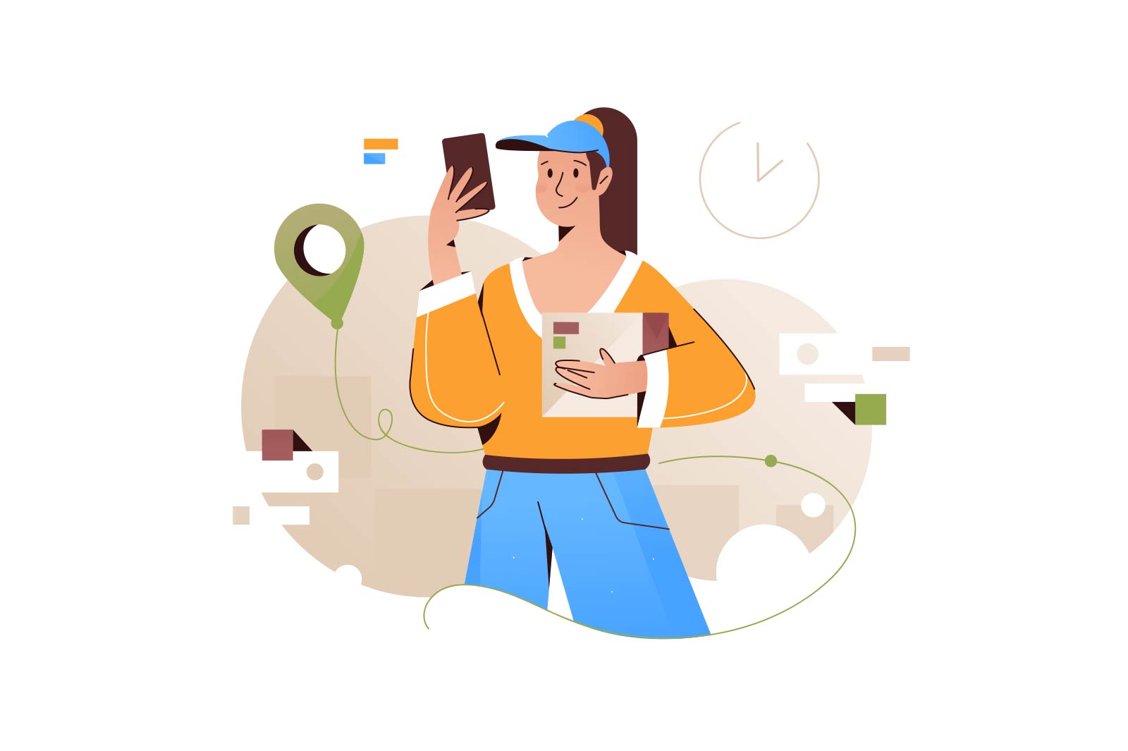 Delivery holding parcel in hands vector illustration. Online map with gps pin. Courier delivery service flat style concept